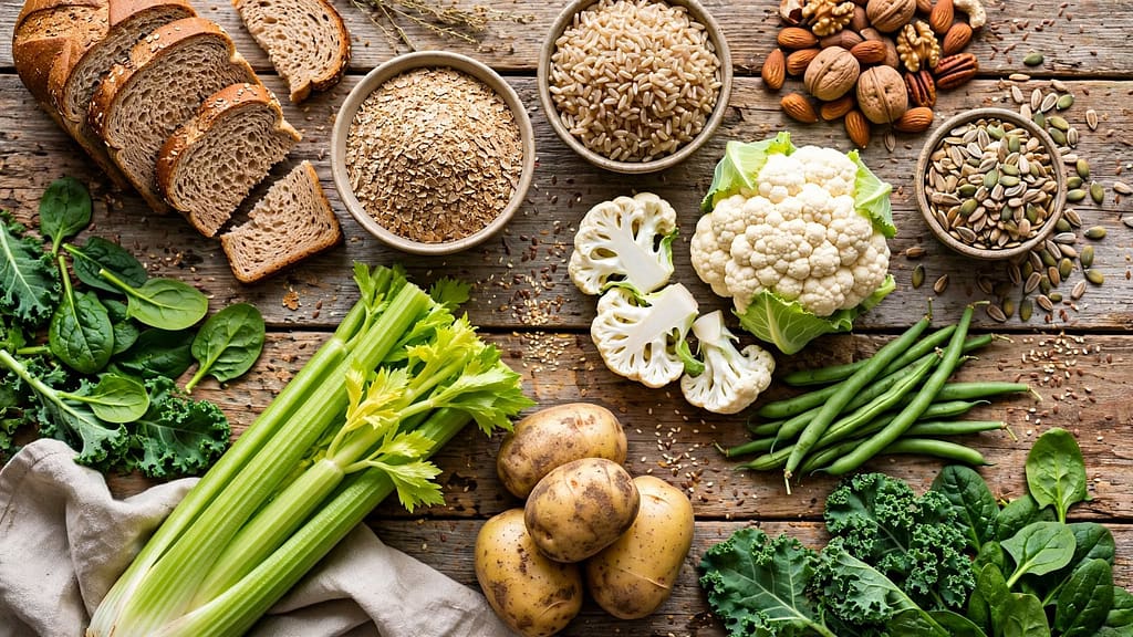 An Image of insoluble fiber foods on a rustic wood table-Fiber: The Most Important Nutrient Nobody’s Talking About