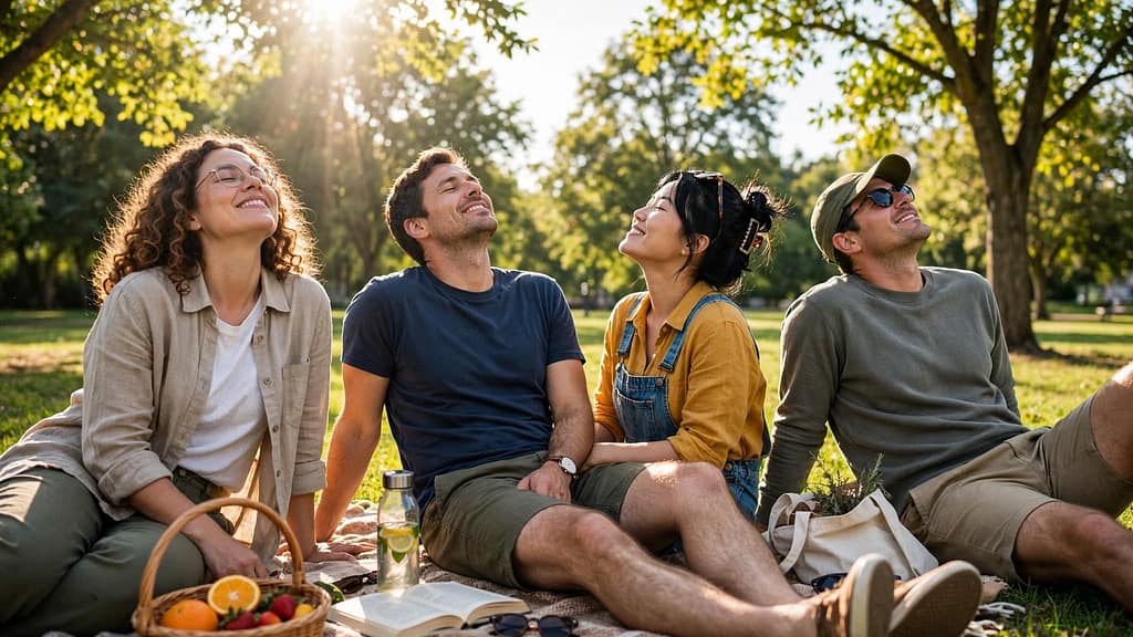 Two men and Two women sitting in the sun in a park-The Hidden Health Benefits of Sunlight Most People Don’t Know