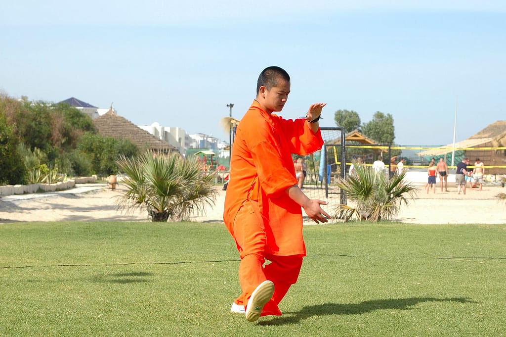 A martial artist practices in a serene outdoor setting, wearing traditional orange robes.
