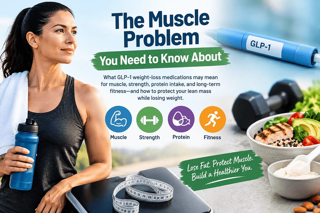 An image of a woman beside nutritious foods-The Muscle Problem You Need to Know About