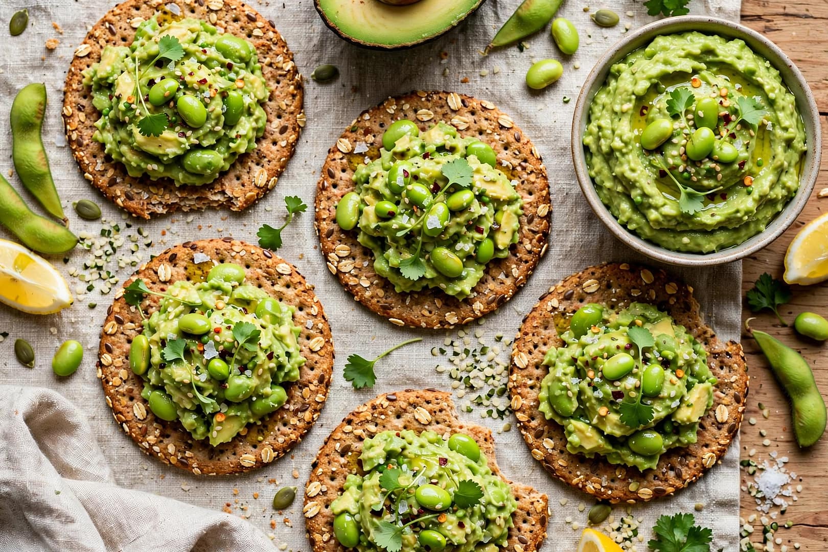 Edamame Avocado Smash On Crispy Cookies