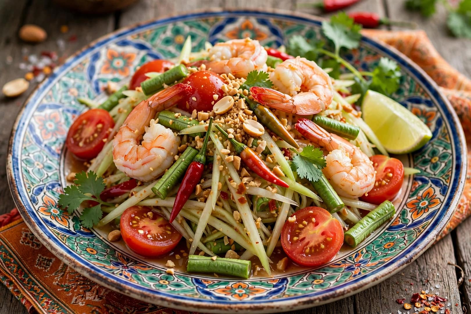 A Plate of Green Papaya & Shrimp Salad (Som Tum, Thai Dish)
