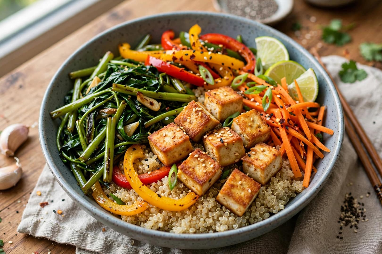 Quinoa Veggie Stir-Fry with Tofu Dish In A Plastic Bowl