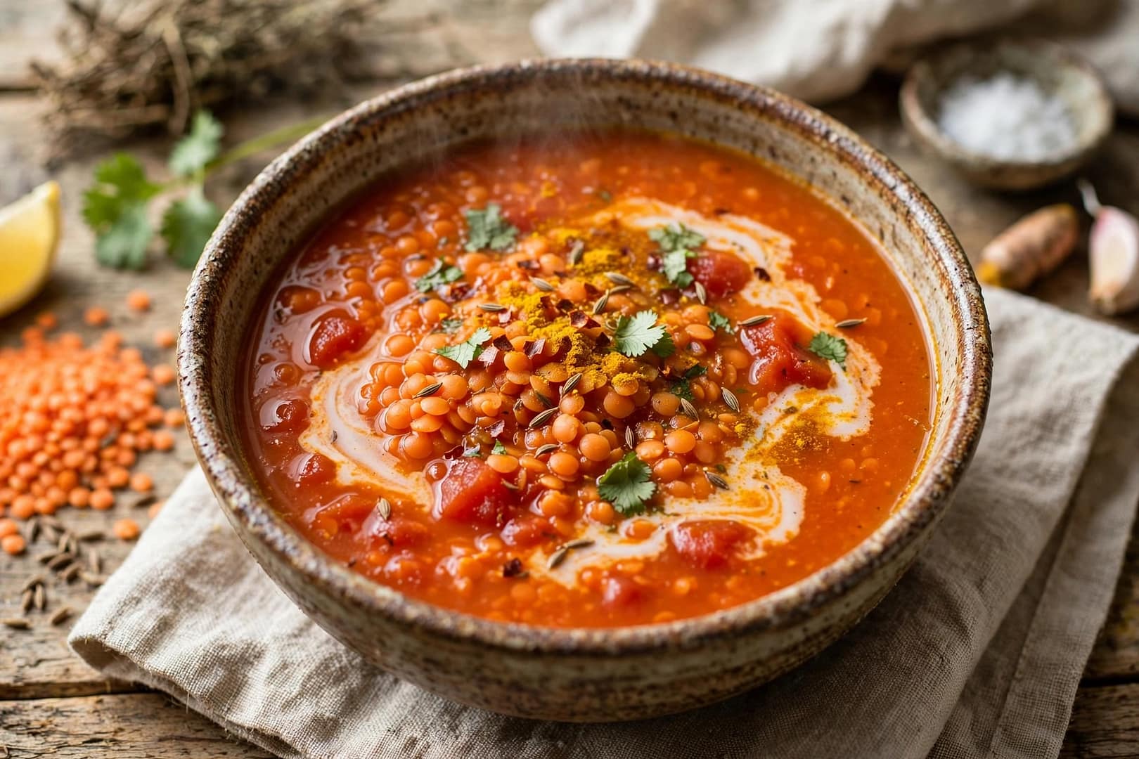 Red Lentil Coconut Tomato Soup In A Ceramic Bowl-10 Guilt-Free, Flavor-Loaded Healthy Recipes That Actually Keep You Full.