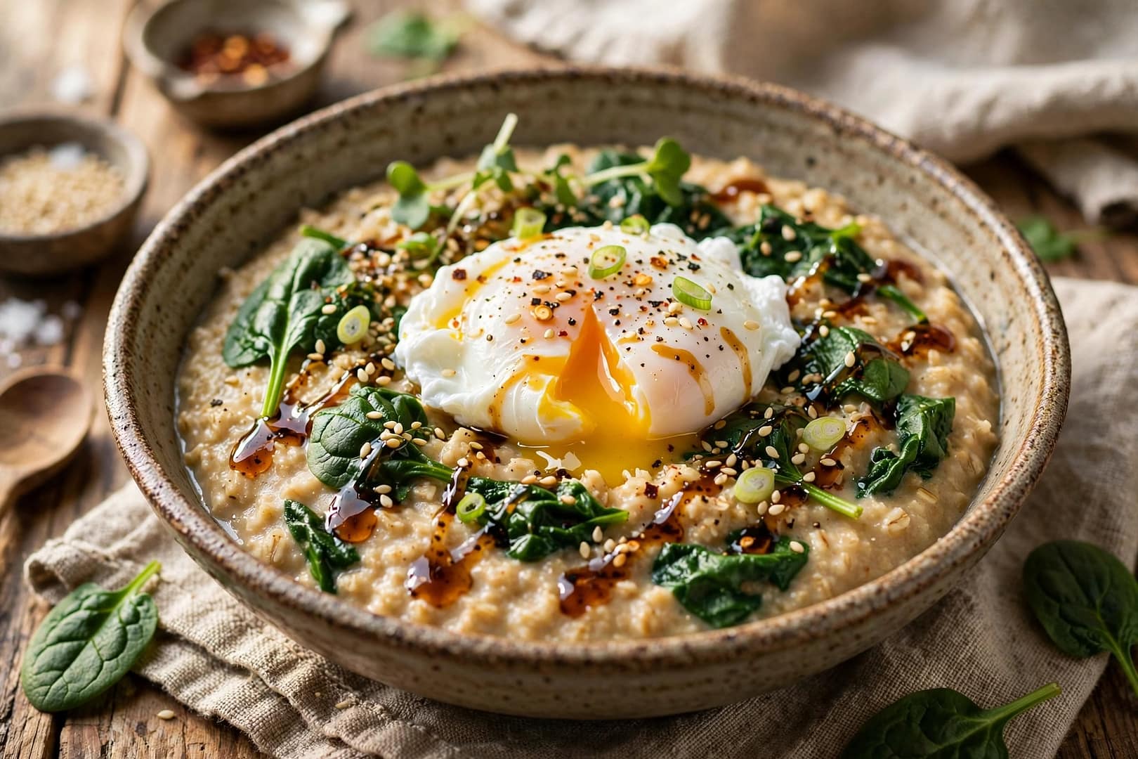 A Savory Oatmeal with Soft Egg & Chili Crisp meal in a ceramic bowl