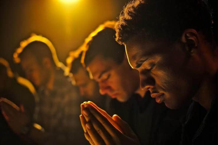 An image of people praying together